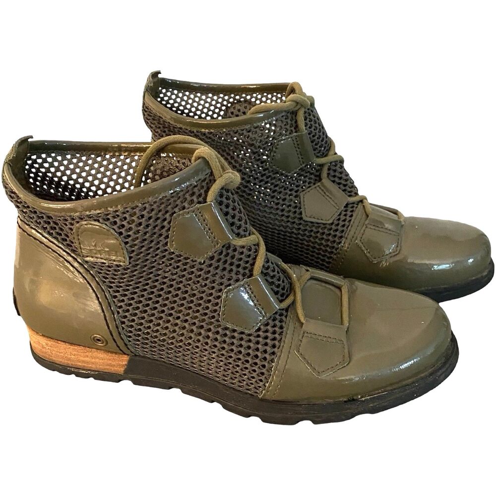 Sorel Lace Major Mesh & Green Patent Leather Booties 10 Military Combat Utility